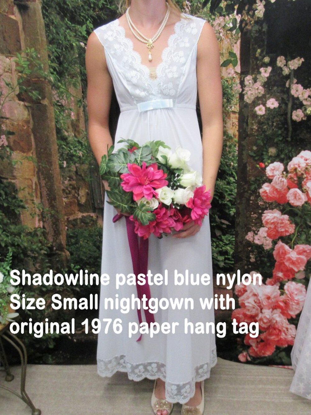 32" bust long nightgown, Never worn Shadowline high waist blue nylon Lace V-neck
